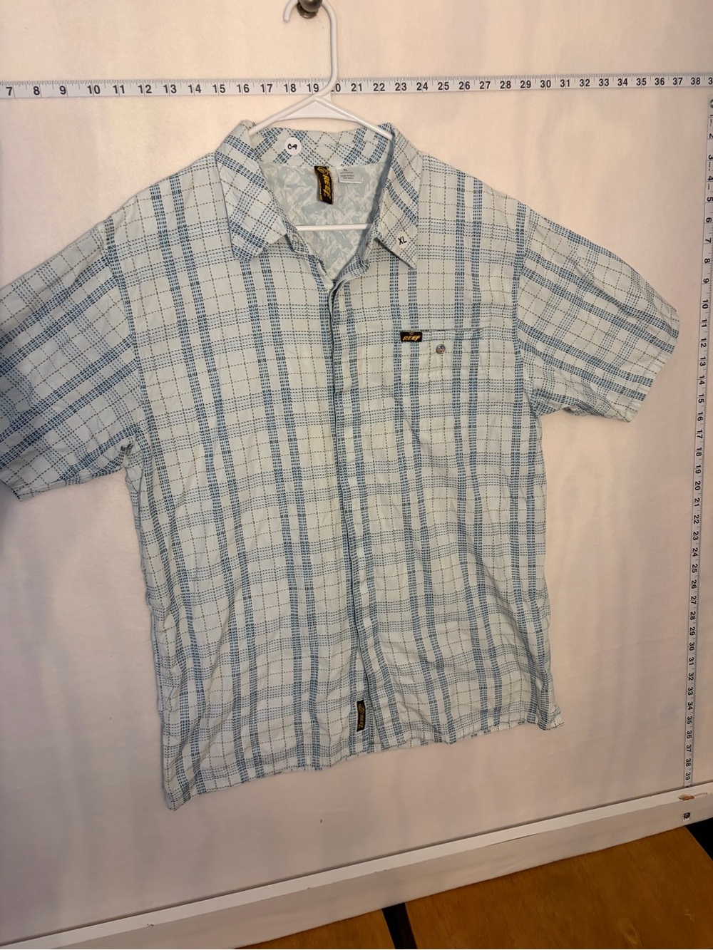 Reef Light Blue and White Plaid Short-Sleeve Button-Down Shirt